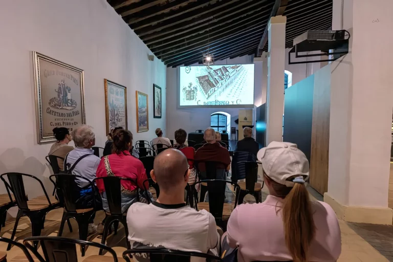 grupo viendo video explicativo cayetano pino jerez visita guiada bodega jerez de la frontera  768x512